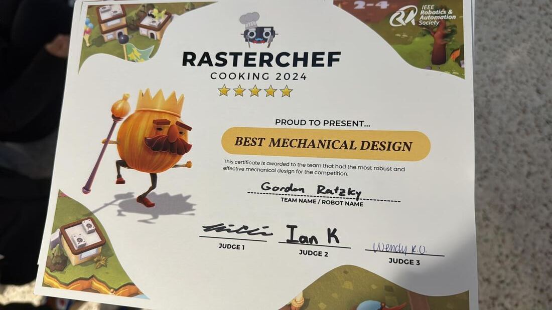 Best Mechanical Design certificate, RASTERCHEF 2024, Team Gordon Ratzky
