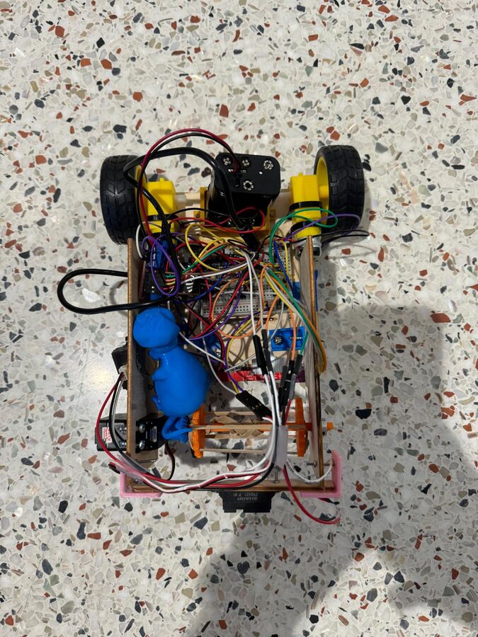 Top-down view of the chassis, drivetrain, and wiring